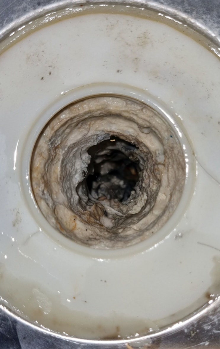  욕실 바닥 배수구 물이 느리게 내려가서 두 번이나 뚫었는데 또 물빠짐이 느려진 배관 속 이물질 청소방법(석회 백시멘트)