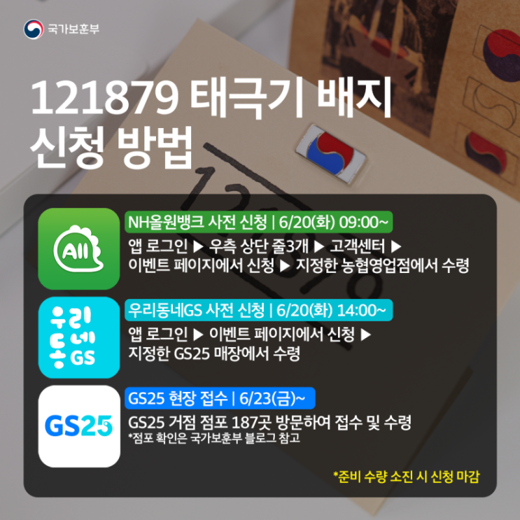  121879 태극기 배지 신청 방법(GS25, NH올원뱅크, 주의사항, 편의점)