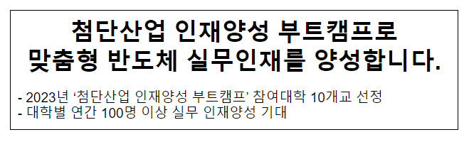 첨단산업 인재양성 부트캠프로 맞춤형 반도체 실무인재를 양성합니다. 첨단산업 인재양성 부트캠프로 맞춤형 반도체 실무인재를 양성합니다.