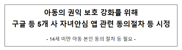 아동의 권익 보호 강화를 위해 구글 등 5개 사 자녀안심 앱 관련 동의절차 등 시정