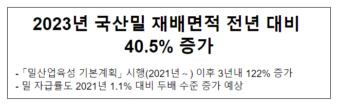 2023년 국산밀 재배면적 전년 대비 40.5% 증가