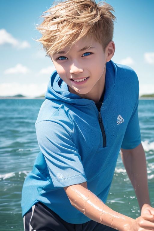 [Ai Greem] 그림_남자 265: Free image of a blond, blue-eyed boy with sea background, teen, man, beach