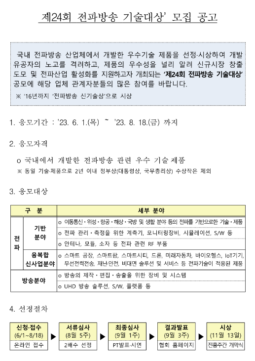 2023년 제24회 전파방송 기술대상 모집 공고 2023년 제24회 전파방송 기술대상 모집 공고