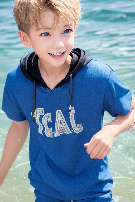 [Ai Greem] 그림_남자 270: 금발 청안의 미소년 남자 캐릭터 실사화 무료 Ai 이미지, 일러스트, 바다를 배경으로 하는, 바닷가 배경, 해변가 배경, 여름