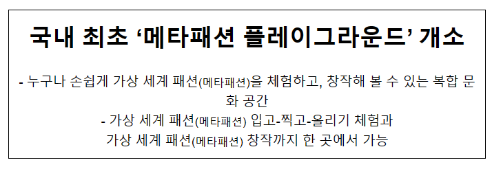 국내 최초 '메타패션 플레이그라운드' 개소 국내 최초 '메타패션 플레이그라운드' 개소