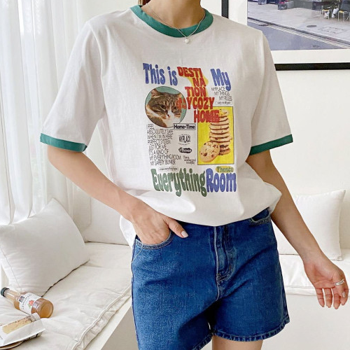 여름 20대 여성 심플룩 여행 휴가 캠퍼스룩 아메카지 고양이 캐릭터 배색 반팔 면 티셔츠