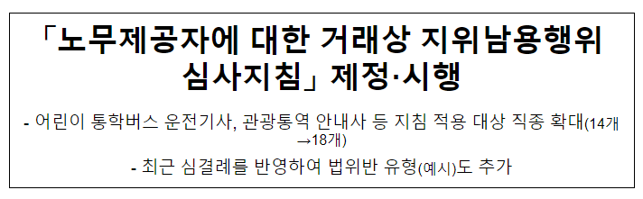노무제공자에 대한 거래상 지위남용행위 심사지침 제정·시행 노무제공자에 대한 거래상 지위남용행위 심사지침 제정·시행