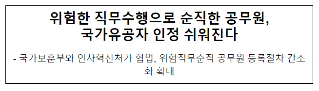 위험한 직무수행으로 순직한 공무원, 국가유공자 인정 쉬워진다. 위험한 직무수행으로 순직한 공무원, 국가유공자 인정 쉬워진다.