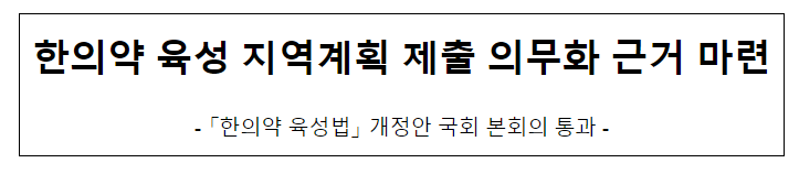 한의약 육성 지역계획 제출 의무화 근거 마련 한의약 육성 지역계획 제출 의무화 근거 마련