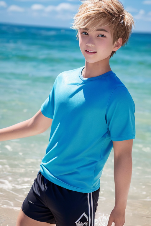 [Ai Greem] 그림_남자 279: 여름철 푸르른 바다를 배경으로 하는 금발의 남자 캐릭터 Ai 무료 일러스트 이미지 그림