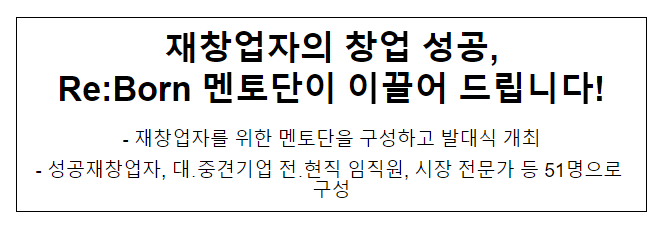 재창업자의 창업 성공, Re:Born 멘토단이 이끌어 드립니다! 재창업자의 창업 성공, Re:Born 멘토단이 이끌어 드립니다!