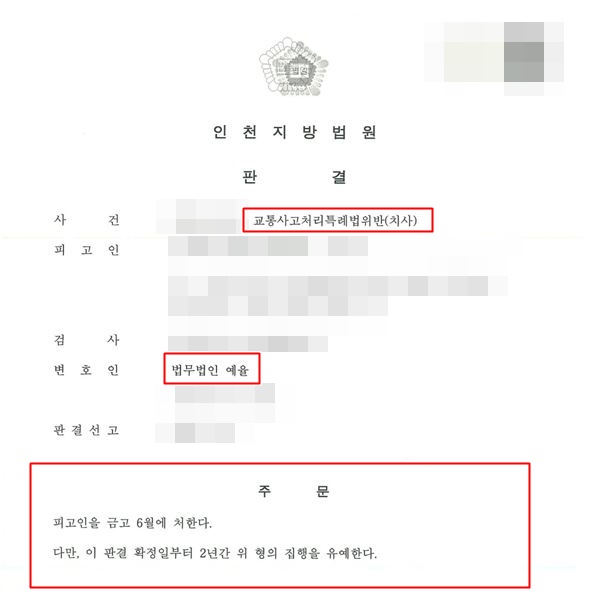인천교통사고전문변호사 교통사고처리특례법위반 치사 상황 변호사의 조력으로