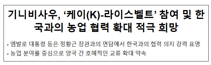 기니비사우, ‘케이(K)-라이스벨트’ 참여 및 한국과의 농업 협력 확대 적극 희망 기니비사우, ‘케이(K)-라이스벨트’ 참여 및 한국과의 농업 협력 확대 적극 희망