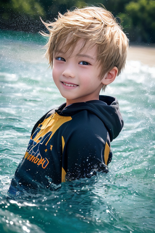 [Ai Greem] 그림_남자 274: 금발의 미소년, 청소년이 여름철 바다를 배경으로 놀고 있는 Ai 무료 일러스트 실사화 이미지