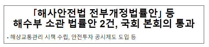 「해사안전법 전부개정법률안」 등 해수부 소관 법률안 2건, 국회 본회의 통과 「해사안전법 전부개정법률안」 등 해수부 소관 법률안 2건, 국회 본회의 통과