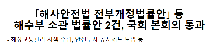 「해사안전법 전부개정법률안」 등 해수부 소관 법률안 2건, 국회 본회의 통과