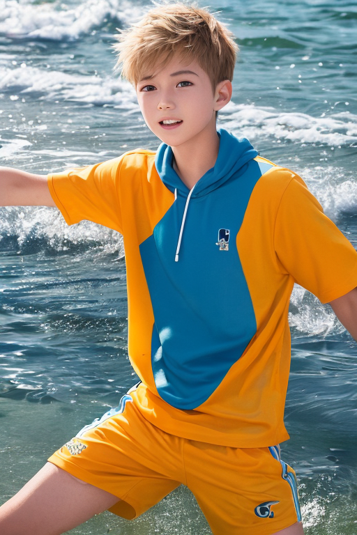 [Ai Greem] 그림_남자 272: 바다를 배경으로 하는 금발의 미소년 남자 캐릭터 실사화 무료 이미지