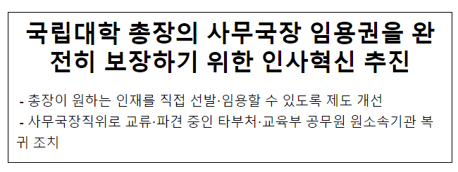 국립대학 총장의 사무국장 임용권을 완전히 보장하기 위한 인사혁신 추진 국립대학 총장의 사무국장 임용권을 완전히 보장하기 위한 인사혁신 추진
