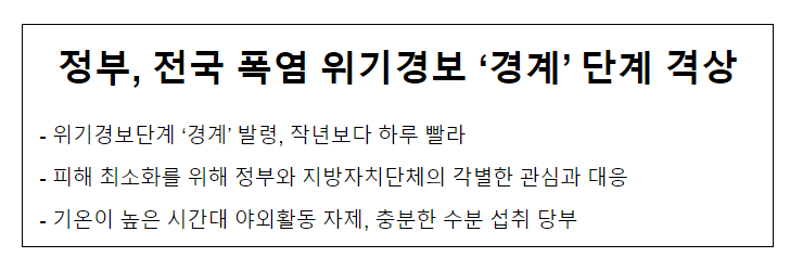 정부, 전국 폭염 위기경보 ‘경계’ 단계 격상 정부, 전국 폭염 위기경보 ‘경계’ 단계 격상