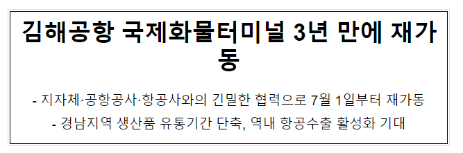 김해공항 국제화물터미널 3년 만에 재가동