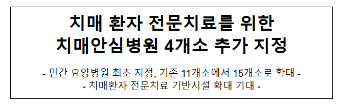 치매 환자 전문치료를 위한 치매안심병원 4개소 추가 지정