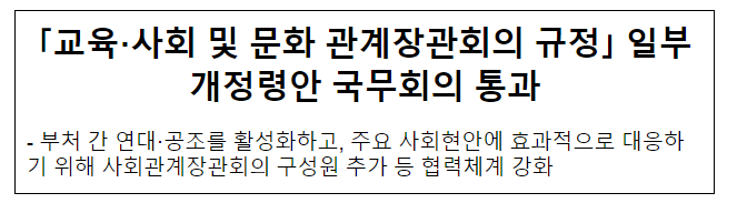 교육·사회 및 문화 관계장관회의 규정 일부개정령안 국무회의 통과 교육·사회 및 문화 관계장관회의 규정 일부개정령안 국무회의 통과