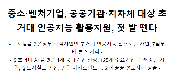 중소·벤처기업, 공공기관·지자체 대상 초거대 인공지능 활용지원, 첫 발 뗀다 중소·벤처기업, 공공기관·지자체 대상 초거대 인공지능 활용지원, 첫 발 뗀다