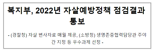 복지부, 2022년 자살예방정책 점검결과 통보 복지부, 2022년 자살예방정책 점검결과 통보