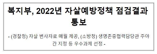 복지부, 2022년 자살예방정책 점검결과 통보