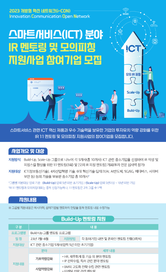 스마트서비스(ICT) 분야 IR 멘토링 및 모의피칭 지원사업 참여기업 모집 공고 스마트서비스(ICT) 분야 IR 멘토링 및 모의피칭 지원사업 참여기업 모집 공고