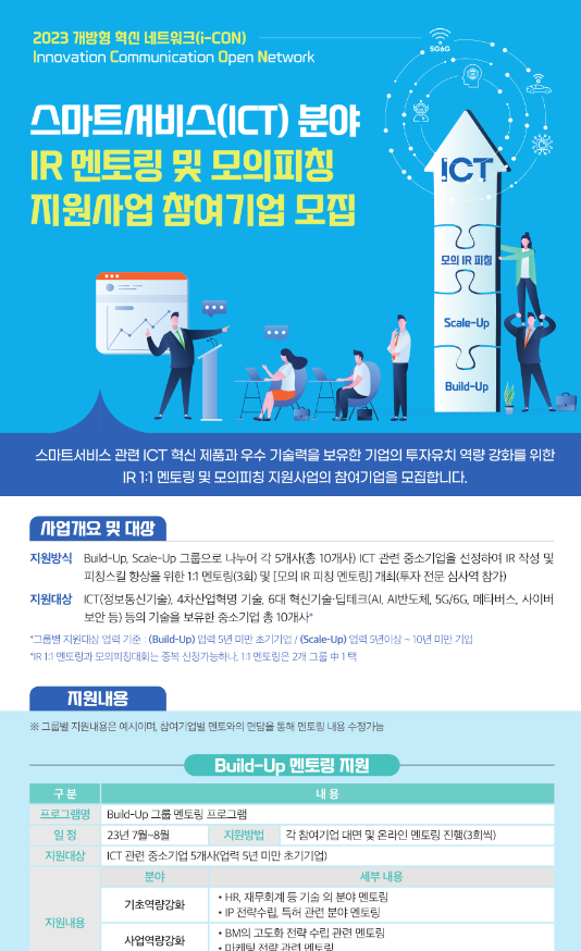 스마트서비스(ICT) 분야 IR 멘토링 및 모의피칭 지원사업 참여기업 모집 공고