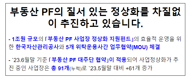 부동산 PF의 질서 있는 정상화를 차질없이 추진하고 있습니다. 부동산 PF의 질서 있는 정상화를 차질없이 추진하고 있습니다.