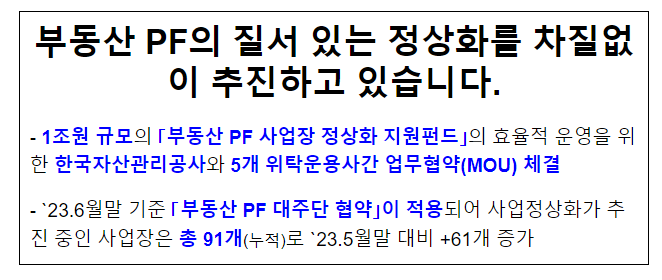 부동산 PF의 질서 있는 정상화를 차질없이 추진하고 있습니다.