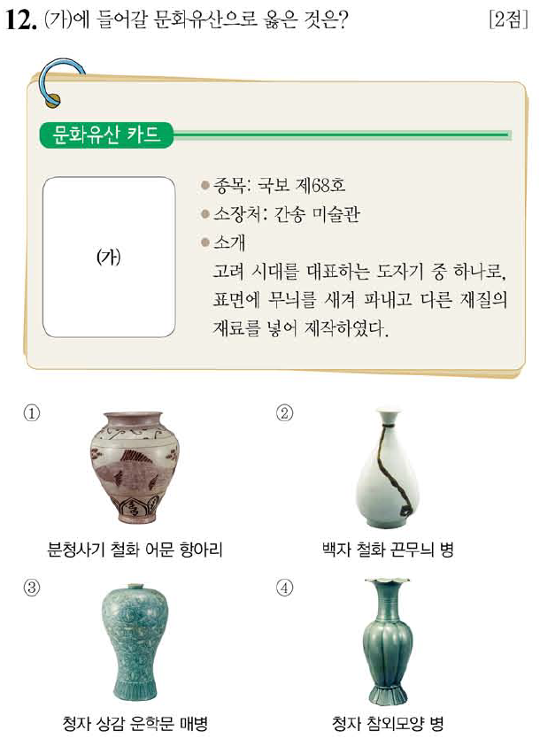 48회 한국사능력검정시험 기본 12번 : 청자 상감 운학문 매병 : 네이버 블로그