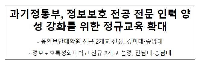 과기정통부, 정보보호 전공생 양성 강화를 위한 정규교육 확대 과기정통부, 정보보호 전공생 양성 강화를 위한 정규교육 확대