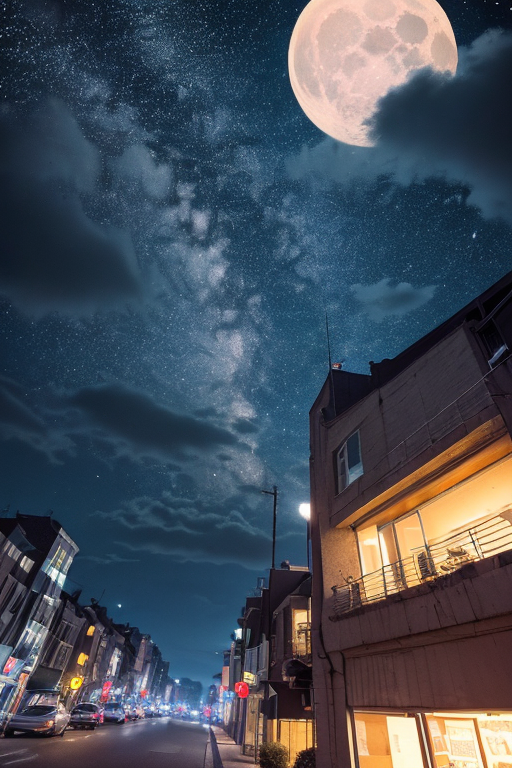 [Ai Greem] 배경_길거리 022: 저녁 시간 때의 도시 내 길거리 무료 배경, 보름달이 뜬 한적한 거리 모습 실사화 Ai 일러스트 무료 이미지