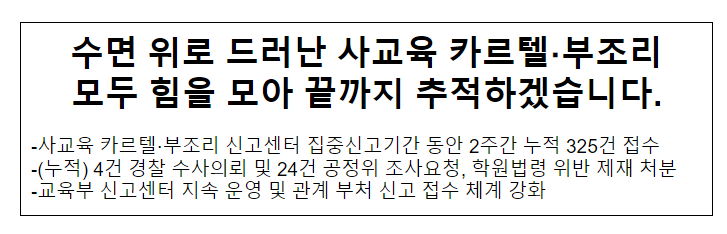 수면 위로 드러난 사교육 카르텔·부조리 모두 힘을 모아 끝까지 추적하겠습니다. 수면 위로 드러난 사교육 카르텔·부조리 모두 힘을 모아 끝까지 추적하겠습니다.