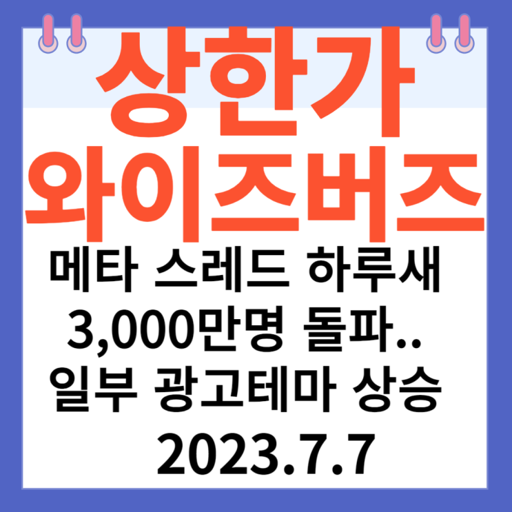 와이즈버즈 주가차트 "메타 스레드 하루새 가입자 3,000만명 돌파.. 일부 광고 테마 상승" 와이즈버즈 주가차트 "메타 스레드 하루새 가입자 3,000만명 돌파.. 일부 광고 테마 상승"