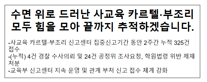 수면 위로 드러난 사교육 카르텔·부조리 모두 힘을 모아 끝까지 추적하겠습니다.