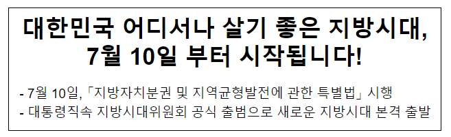 대한민국 어디서나 살기 좋은 지방시대, 7월 10일 부터 시작됩니다