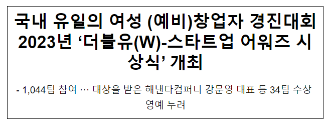 국내 유일의 여성 (예비)창업자 경진대회 2023년 ‘더블유(W)-스타트업 어워즈 시상식’ 개최