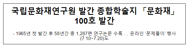 국립문화재연구원 발간 종합학술지 「문화재」 100호 발간