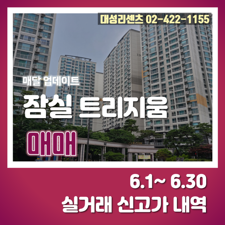  6.1~6.30 잠실 트리지움 매매 실거래 신고가 내역 23년 7월 10일 기준