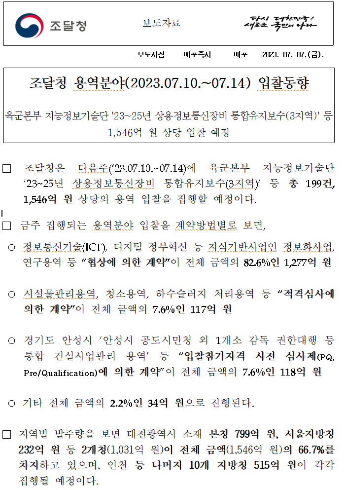 조달청 용역분야(2023.07.10.~07.14) 입찰동향 조달청 용역분야(2023.07.10.~07.14) 입찰동향