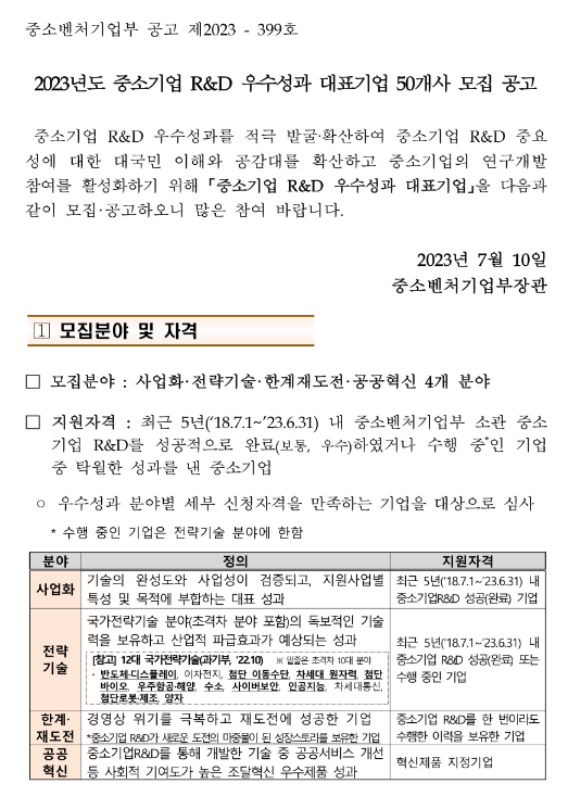 2023년 중소기업 R&D 우수성과 대표기업 50개사 모집 공고