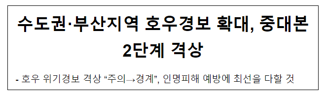 수도권·부산지역 호우경보 확대, 중대본2단계 격상 수도권·부산지역 호우경보 확대, 중대본2단계 격상