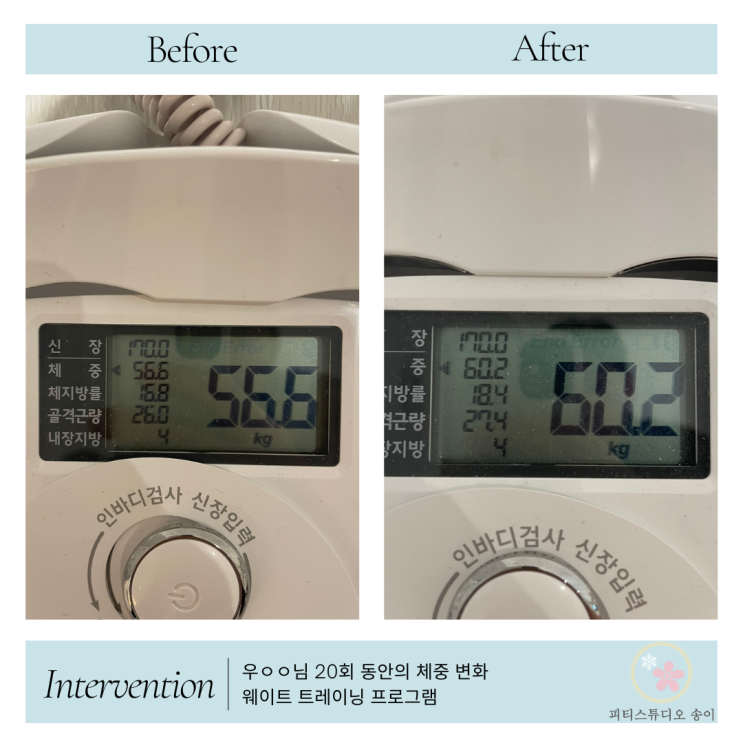  체중 증량 및 등 통증 회원님 20회 동안 변화 및 후기