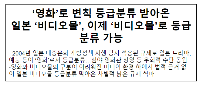 ‘영화’로 변칙 등급분류 받아온 일본 ‘비디오물’, 이제 ‘비디오물’로 등급분류 가능 ‘영화’로 변칙 등급분류 받아온 일본 ‘비디오물’, 이제 ‘비디오물’로 등급분류 가능