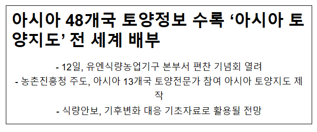 아시아 48개국 토양정보 수록 ‘아시아 토양지도’ 전 세계 배부 아시아 48개국 토양정보 수록 ‘아시아 토양지도’ 전 세계 배부