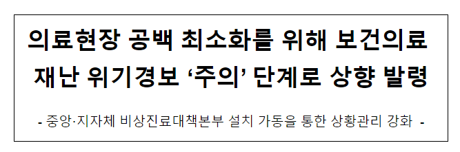 의료현장 공백 최소화를 위해 보건의료 재난 위기경보 ‘주의’ 단계로 상향 발령